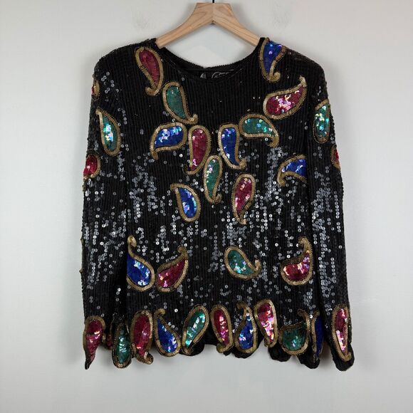Jean for Joseph Le Bon Top Womens M Black Paisley 100% Silk Sequin Vintage Artsy - Picture 1 of 8